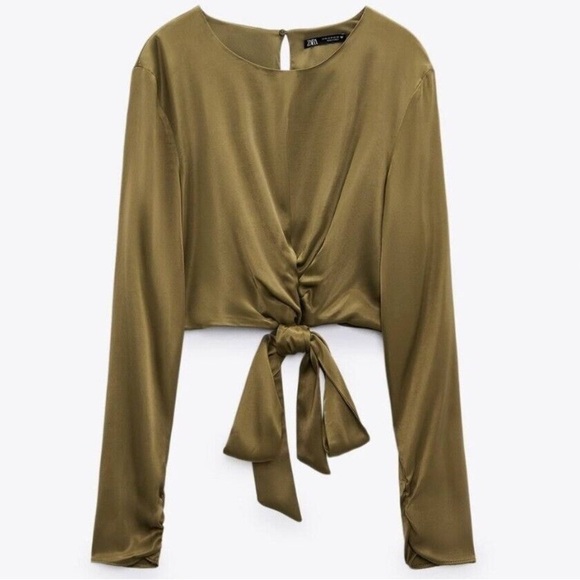 Zara Tops - Zara Tie Front Cropped Top Satin Olive Green New With Tags 3067/464/505/S